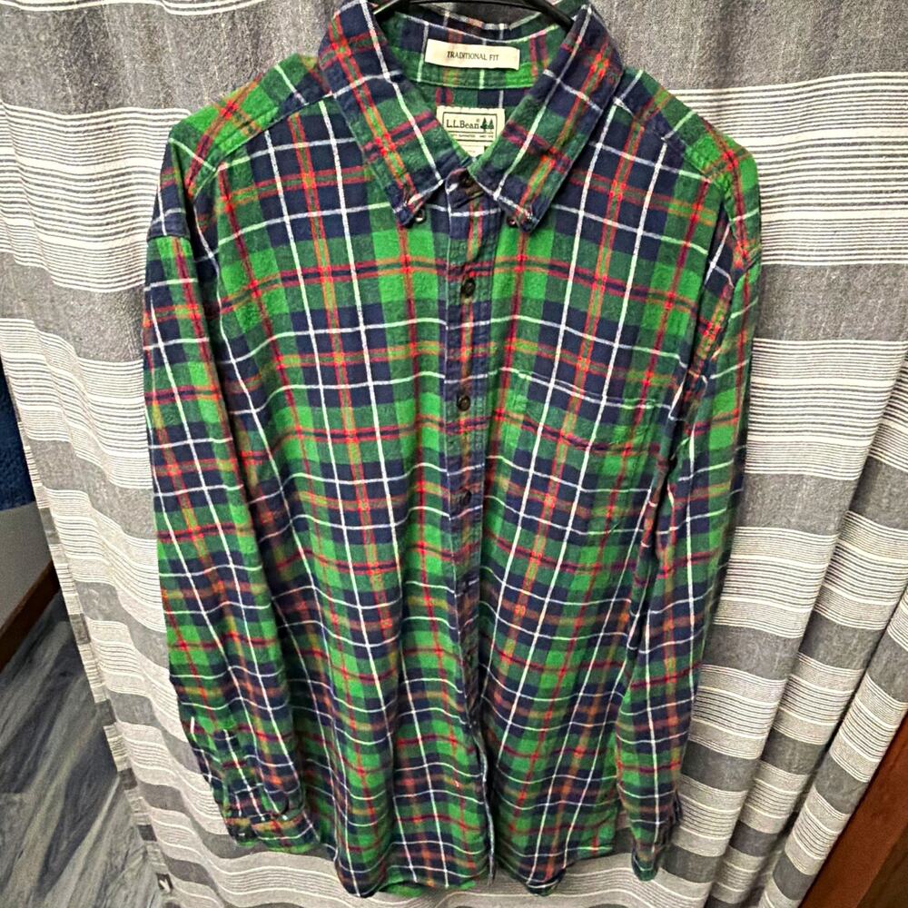 L.L.Bean Men LT Traditional Fit Cotton Flannel Plaid Long Sleeve Shirt Green